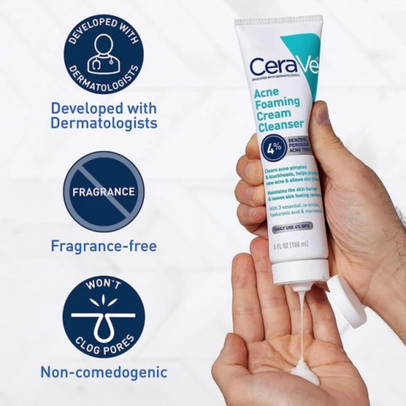 CeraVe Acne Foaming Cream Cleanser 4 Percent Benzoyl Peroxide Acne Treatment - 150ml
